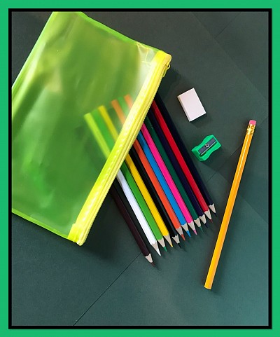 Transparent pencil case with 12 colours, sharpener and eraser, assorted colours available - £3.00